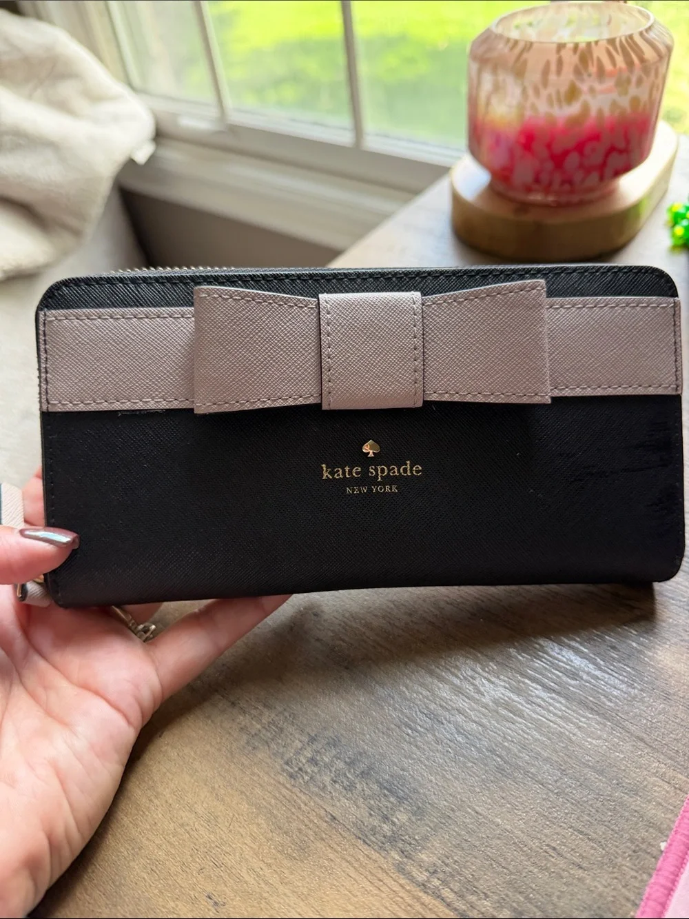 kate spade Black Wallet with Pinkish Taupe Bow Accent